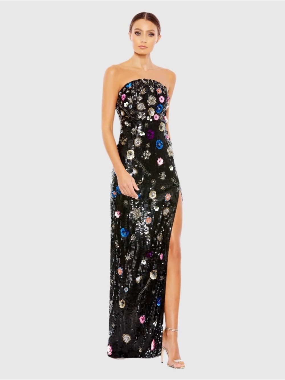 Mac Duggal 93695 Black Floral Embellished Strapless Column Gown Size 14 New